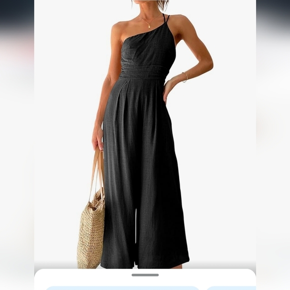 Amazon Pants - One-Shoulder Black Wide-Leg Jumpsuit